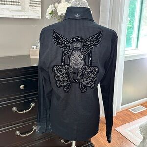 English Laundry Black Embroidered Gothic Winged Crest Dress Shirt | Size Small